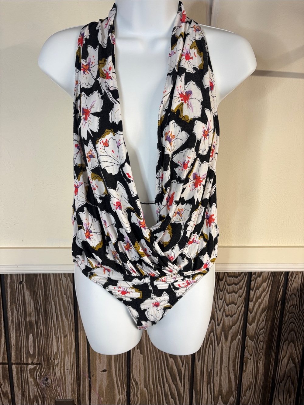 Floral Halter Draped Bodysuit - Black & White